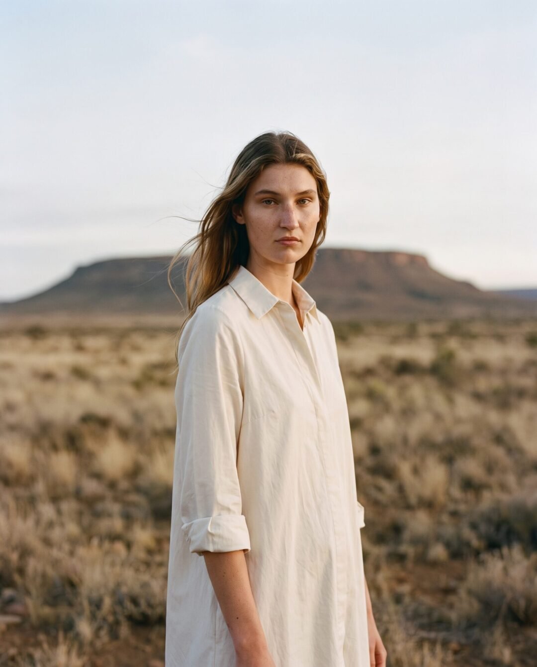 Anja van der Merwe in the Karoo in a cream shirt dress