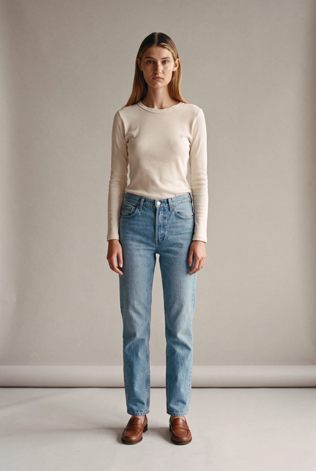 Anja van der Merwe, full length in a rib knit and vintage jeans