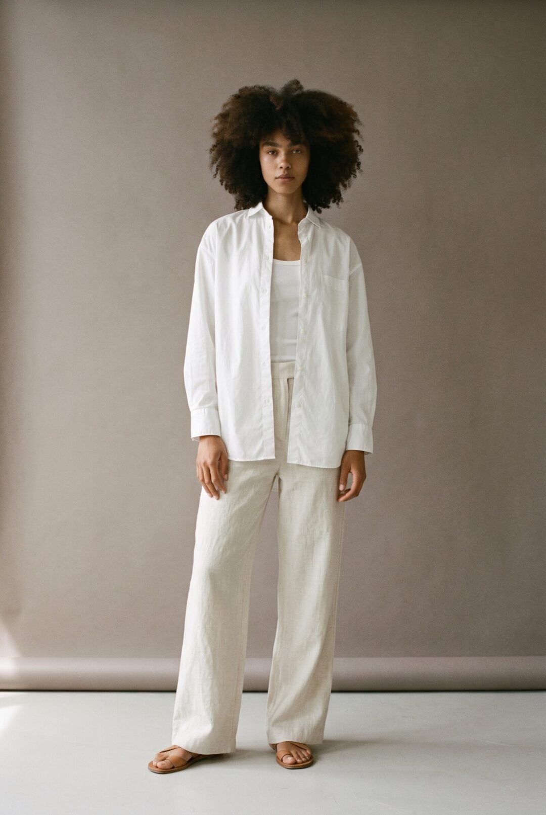 Leah Jacobs, full length in a white shirt and ecru trousers