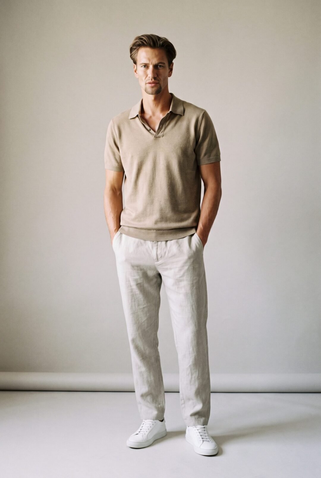 Liam Pretorius, full length in a knitted polo and linen trousers
