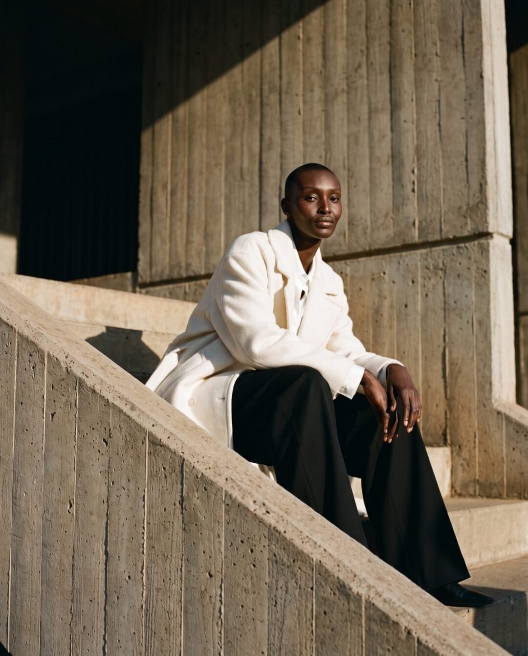 Naledi Mokoena seated on a concrete stairway in a white coat