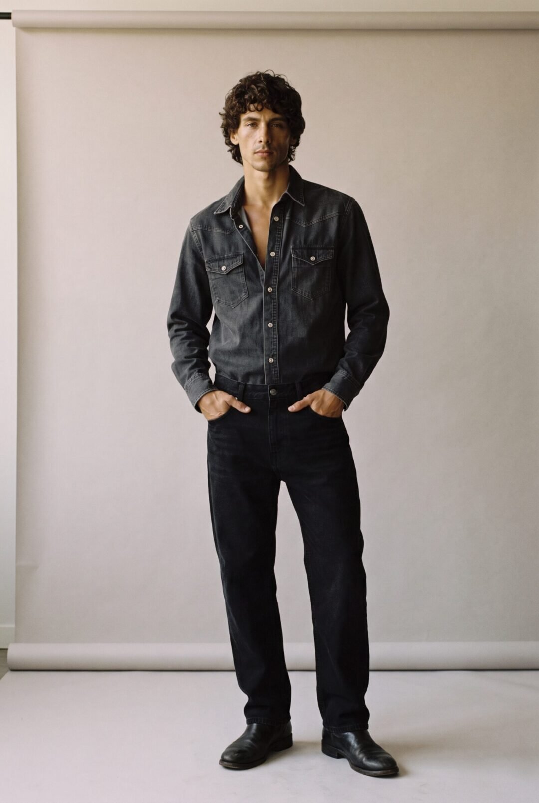 Ruben Adams, full length in washed black denim