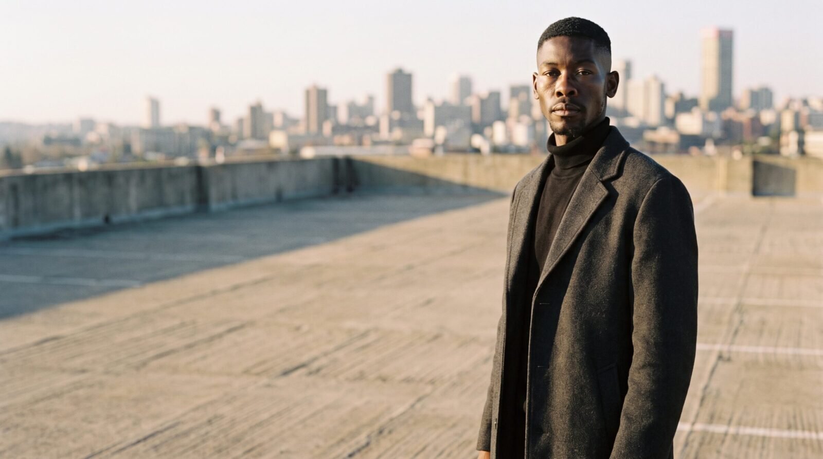 Thabo Ndlovu on a Johannesburg rooftop at golden hour