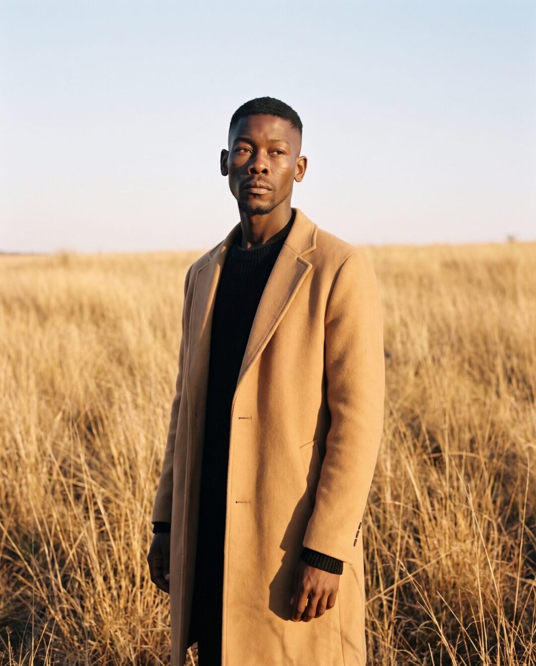 Thabo Ndlovu in a highveld grass field in a camel coat
