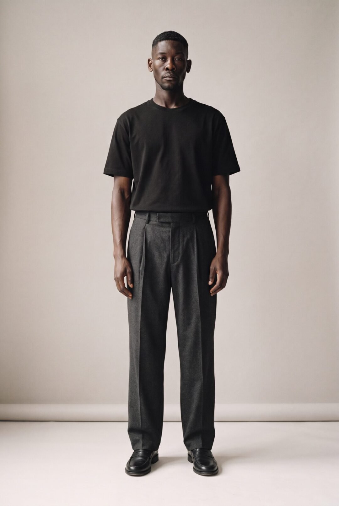 Thabo Ndlovu, full length in black tee and charcoal trousers