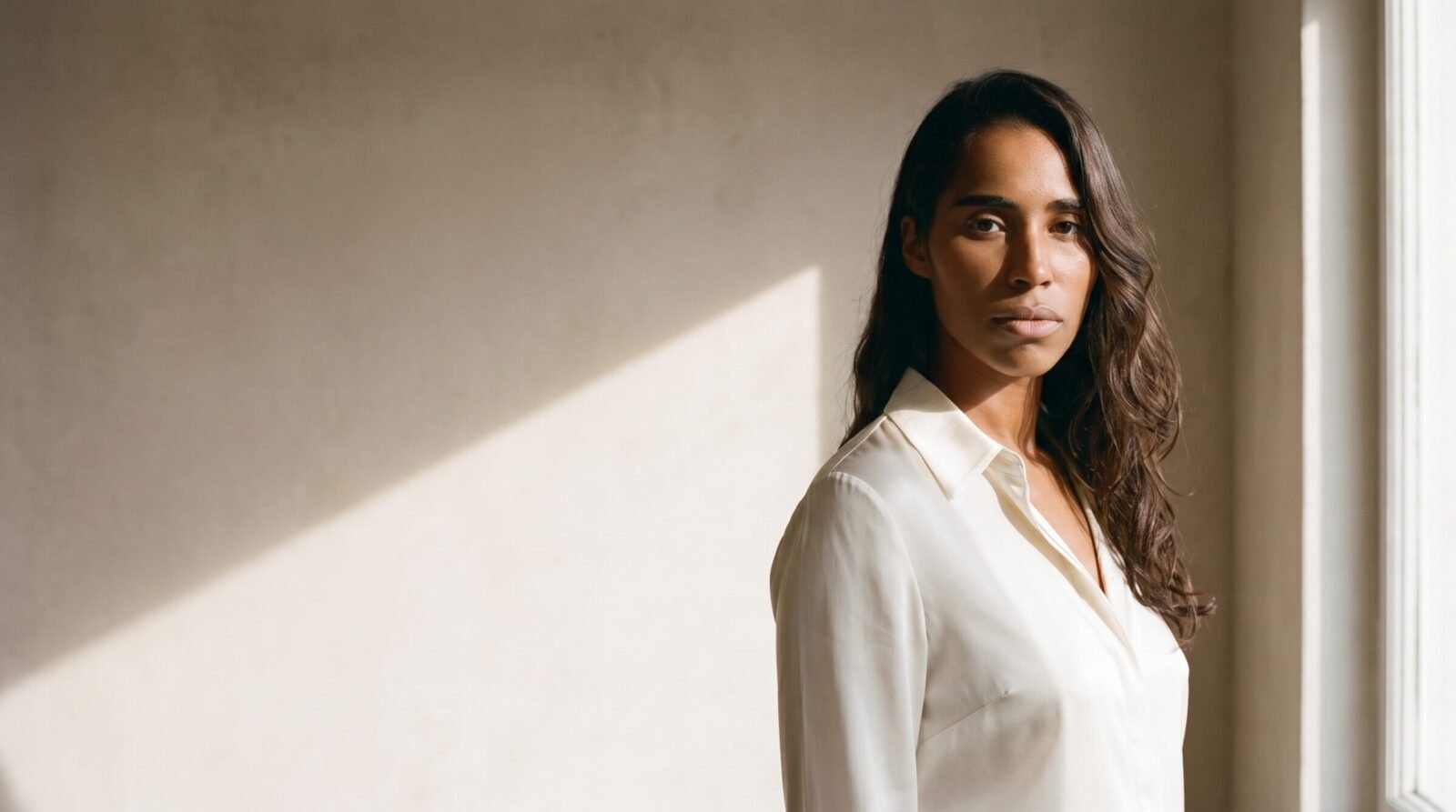 Yasmin Pillay in an ivory silk shirt in late sunlight