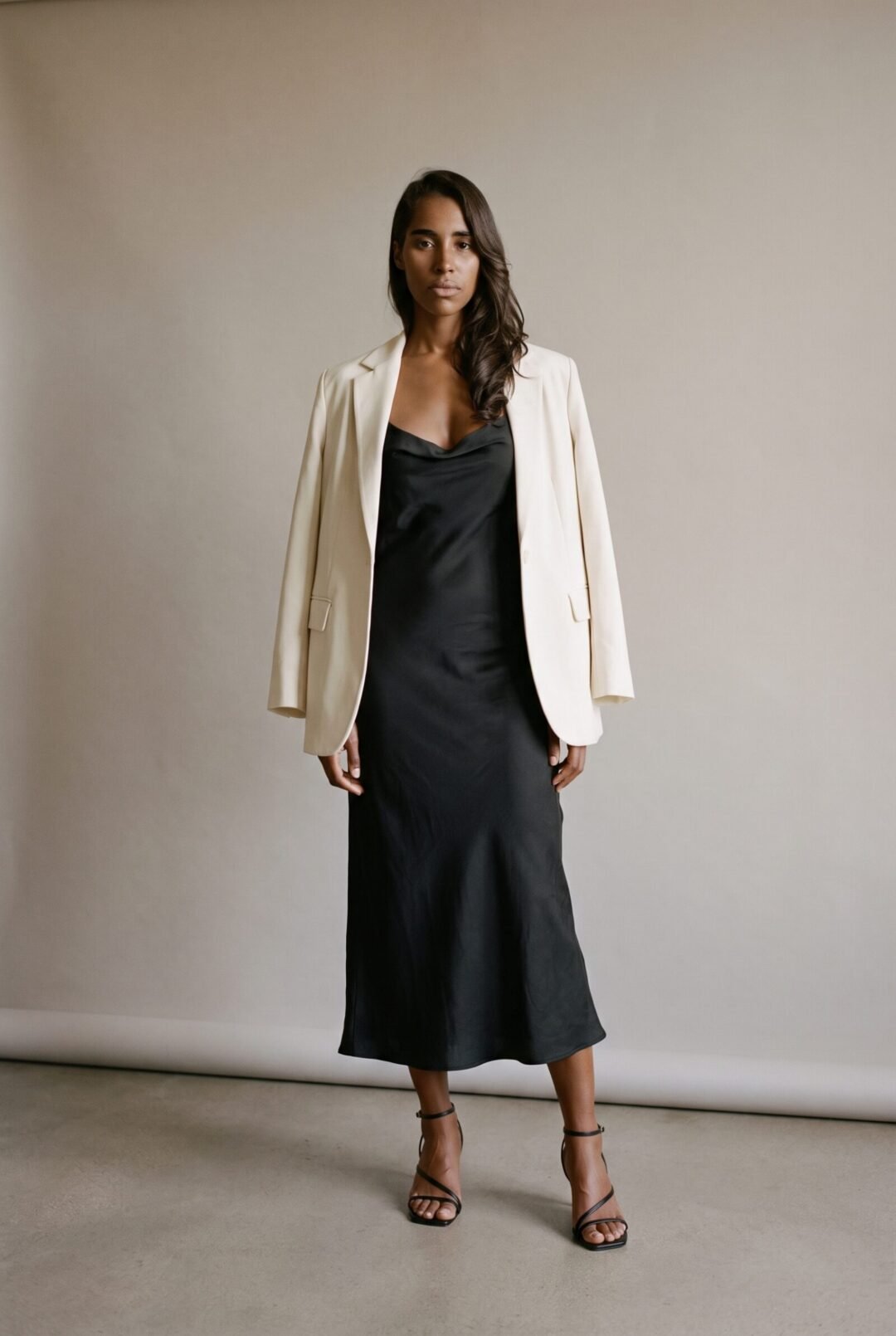Yasmin Pillay, full length in a black slip dress and cream blazer