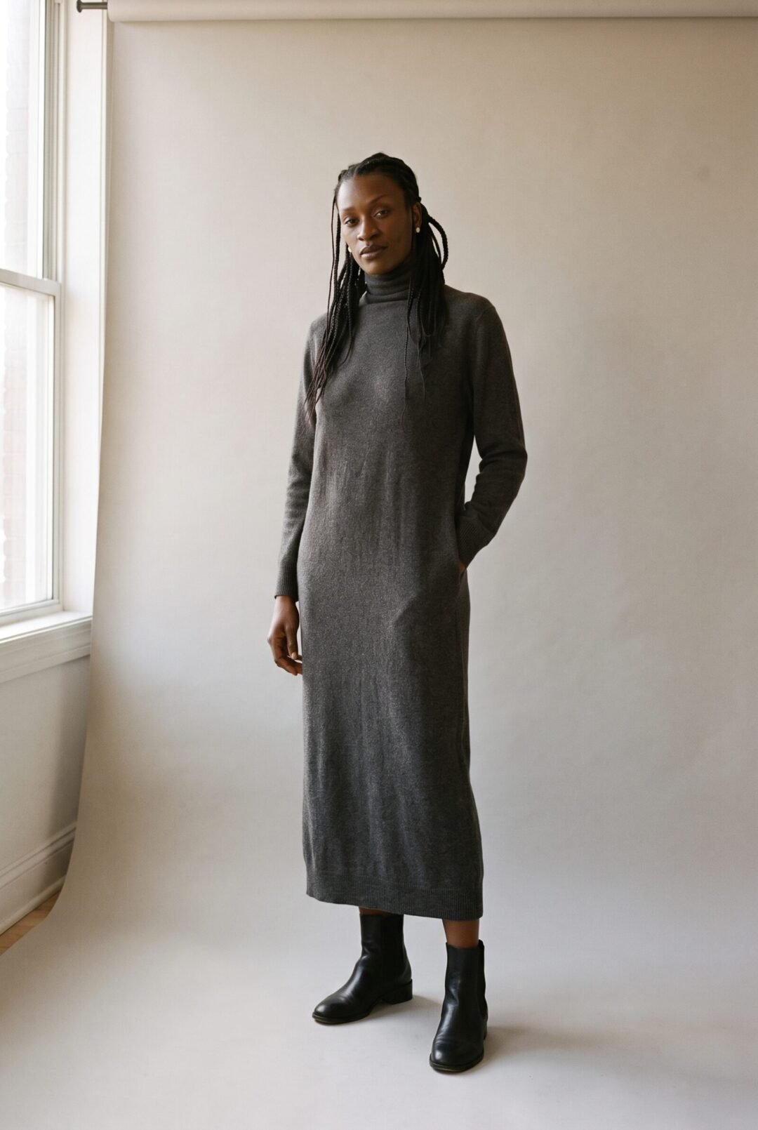Zinhle Khumalo, full length in a charcoal knit dress